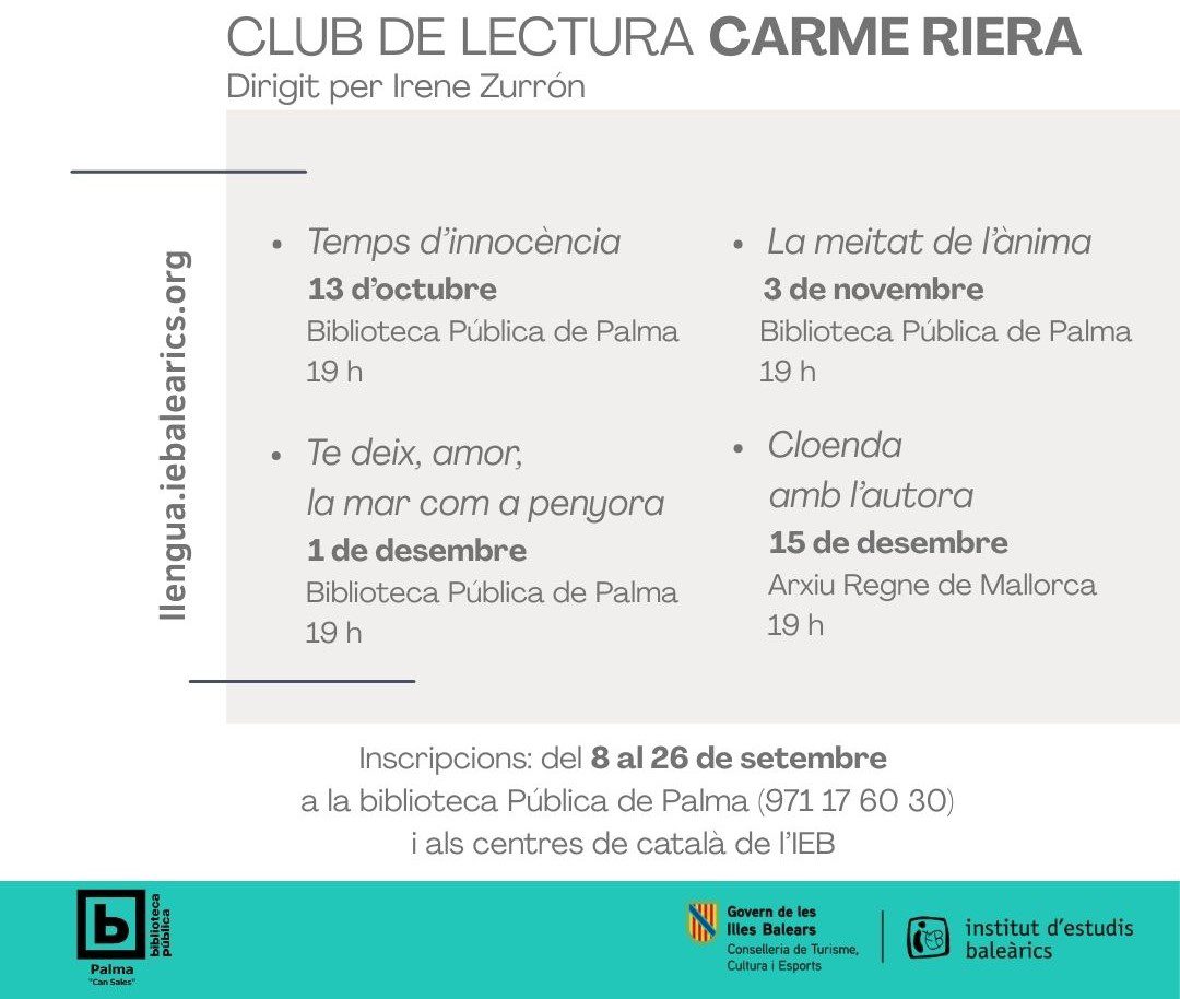 El Instituto de Estudios Baleáricos (IEB) abre las inscripciones al Club de Lectura de Carme Riera